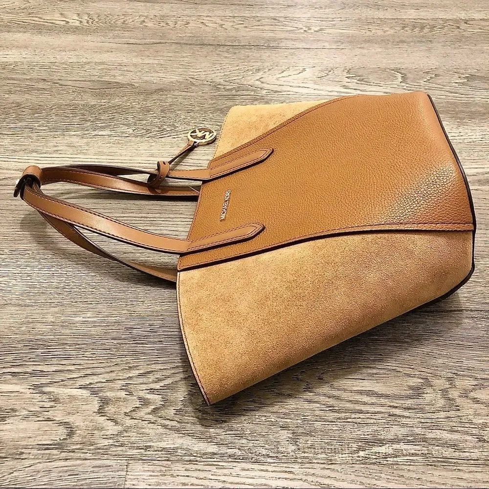 Michael Kors Portia Tote Bag Purse Leather Suede Luggage Brown $358 Brand New